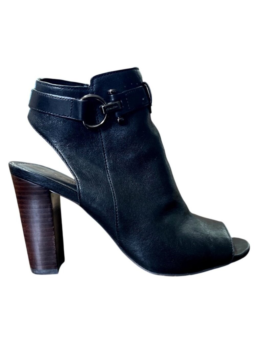 Coach Womens Size 7 Lafayette Black Leather Peep-Toe Ankle Booties With Stacked